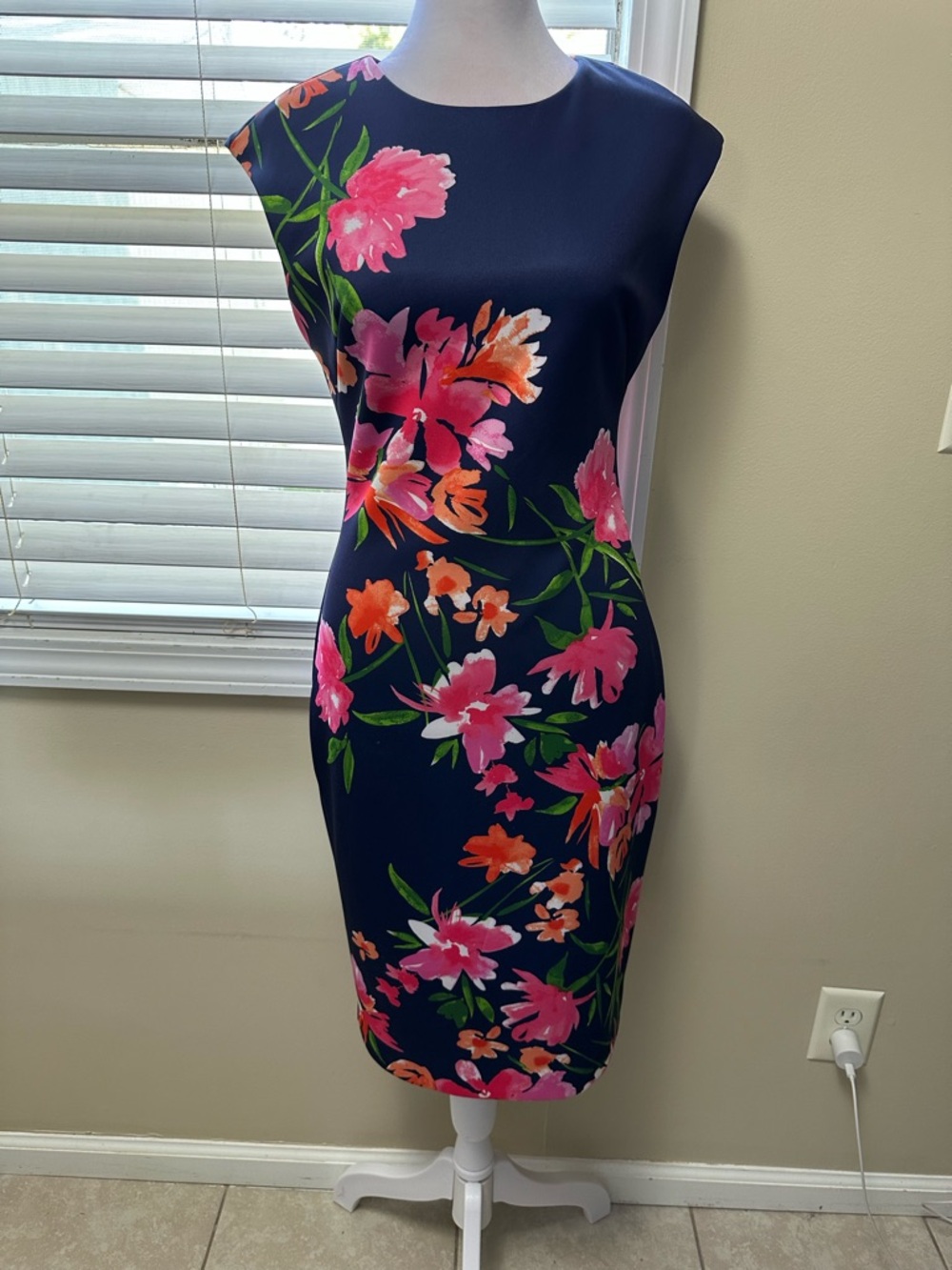 Vince Camuto Navy Midi Dress with Pink & Coral Floral Print